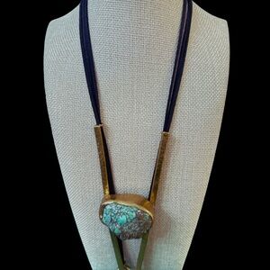 Southwest Turquoise Brass Artisan Bolo Tie Necklace Southwestern